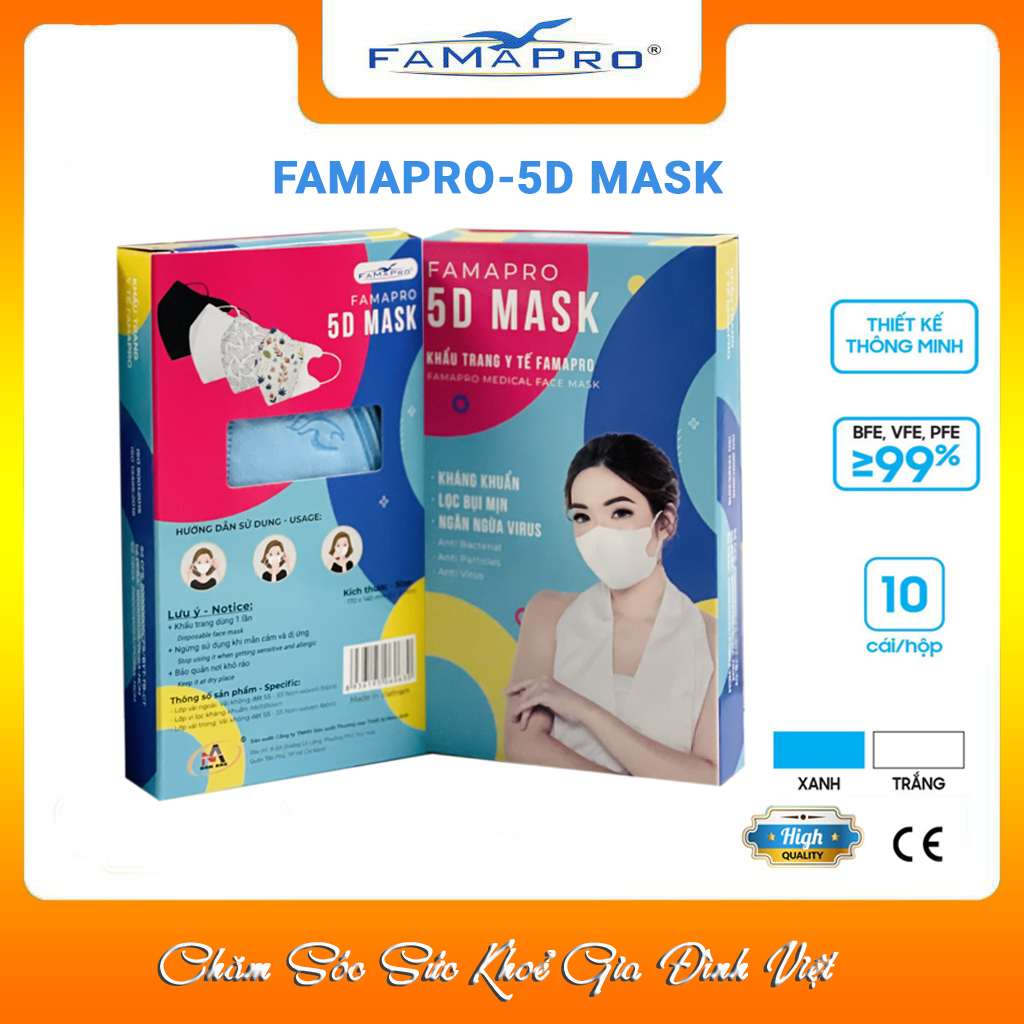 [COMBO 2 Màu Ưu Đãi] Khẩu trang kháng khuẩn Famapro 5D Mask/Kháng khuẩn, virus, bụi 99% /Chính Hãng Hộp 10 cái)