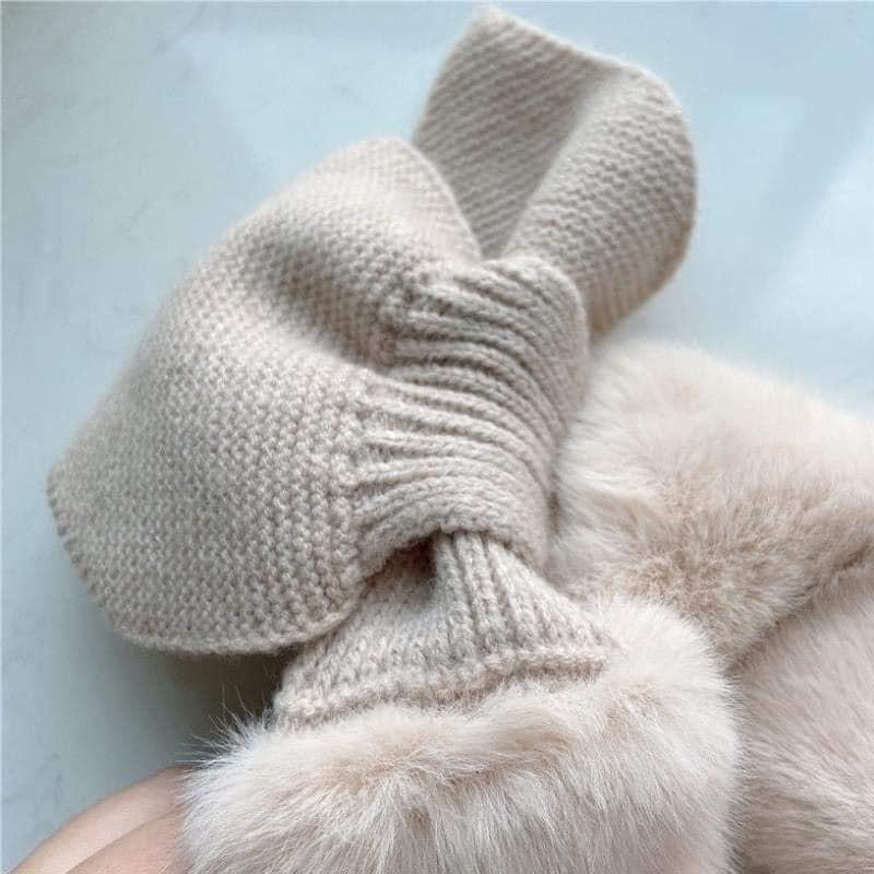 Khăn quàng cổ lông thỏ phối len thắt nơ ấm áp phong cách Nhật Bản Dành Cho Nữ hot nhất 2020