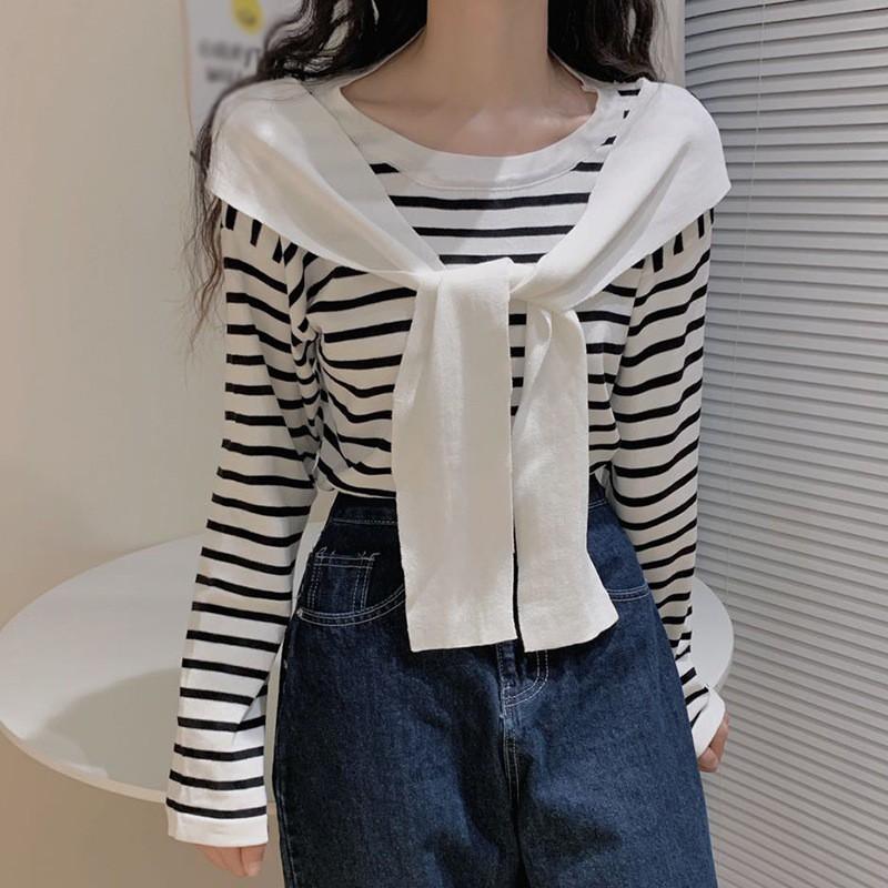 Áo thun dài tay dáng rộng in kẻ sọc phối khăn choàng thời trang Hàn Quốc cho nữ