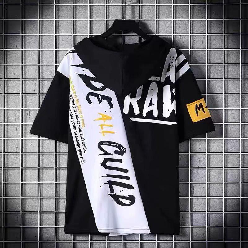 Spot real shot new summer European and American style men's urban fashion cool wild loose comfortable oblique pockets color matching design casual short sleeve hoodie
