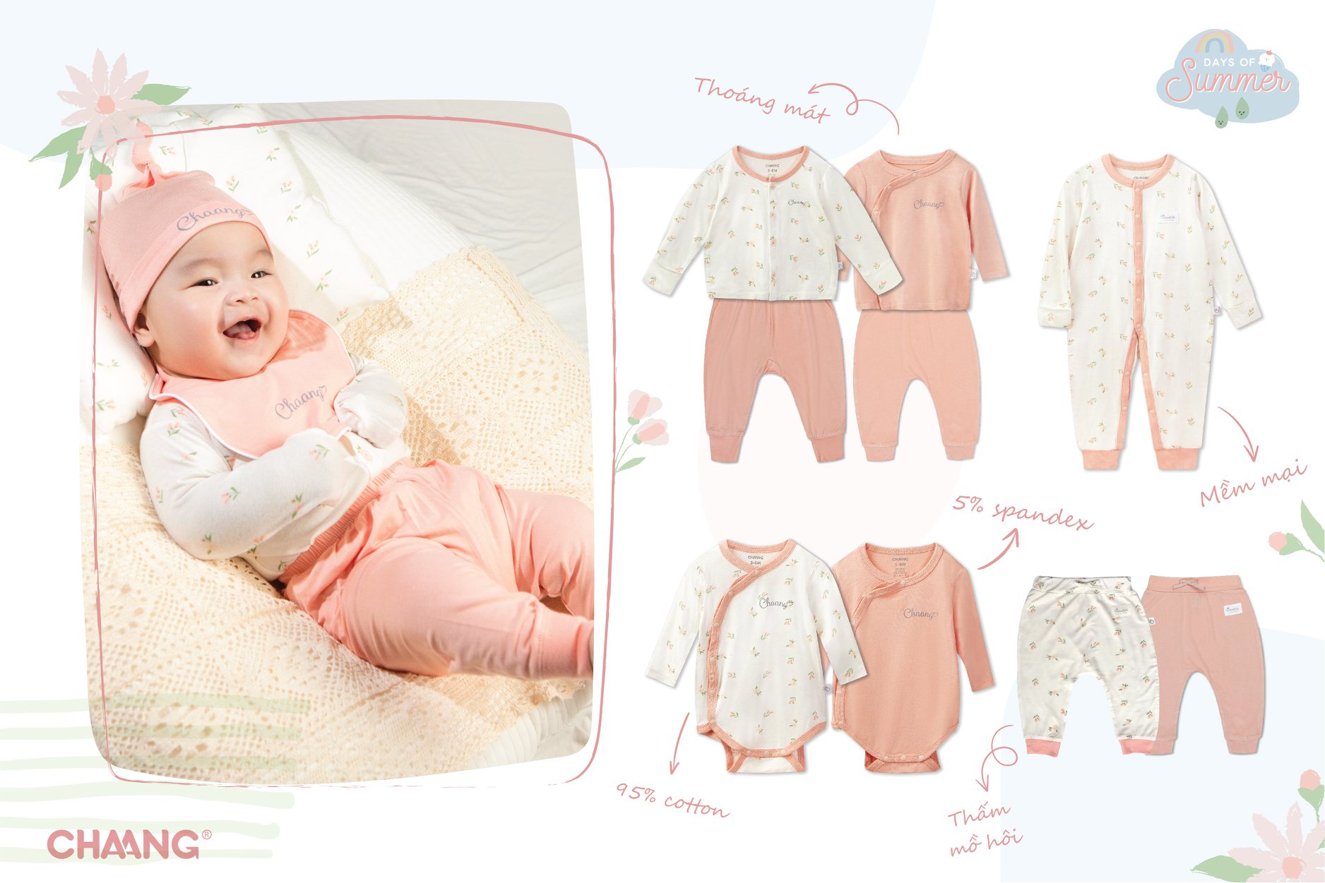 Bộ dài cúc chéo summer hồng 0-3M