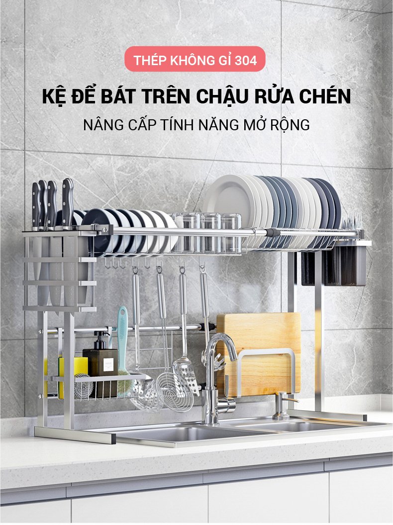 Kệ Chén Bát Đa Năng GIHOME Inox 304, Giá Bát Trên Bồn Rửa Ráo Nước Kèm Móc Treo Di Động Cho Nhà Bếp Sạch Sẽ Cao 52cm