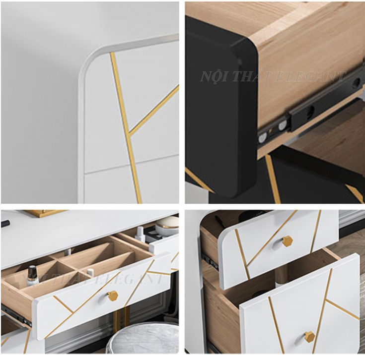 Bộ bàn trang điểm cao cấp có 4 ngăn kéo để đồ mỹ phẩm, khung kim loại mạ vàng, có 2 màu đen trắng để lựa chọn - EL-TD02