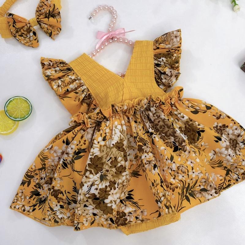 Body váy hoa vàng vải lụa kết hợp đũi xốp cho bé 3-12kg