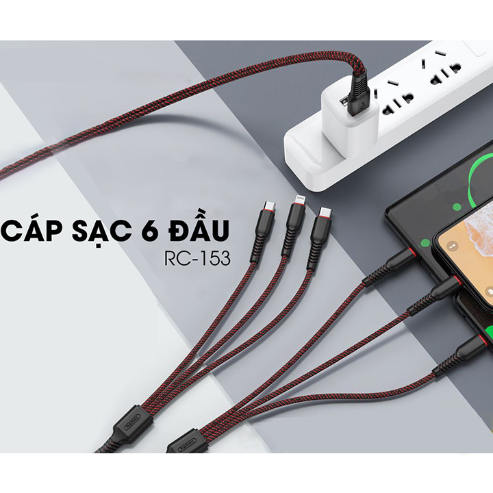 Cáp sạc Remax 6 in 1 RC-153 2 Cổng Type C, 2 Cổng Lightning, 2 Cổng MicroUSB - Hàng nhập khẩu