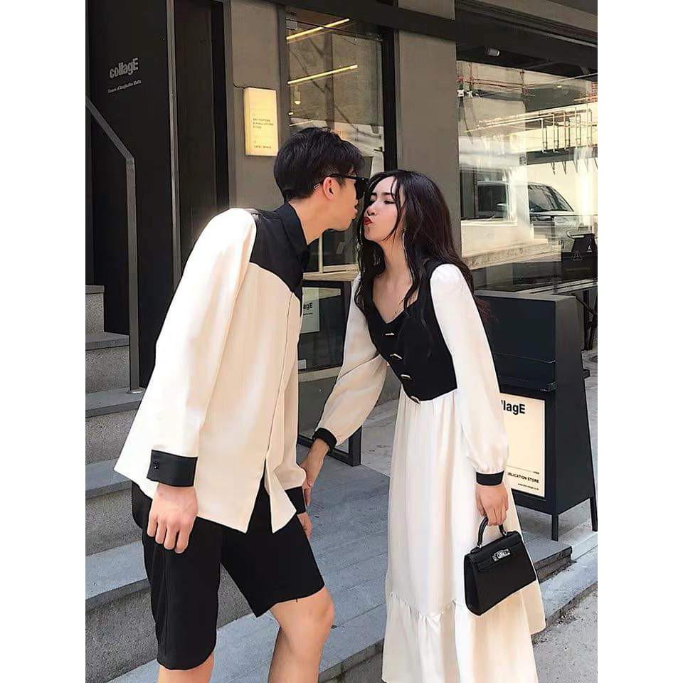 Áo đôi đẹp Áo cặp nam nữ - Set váy đuôi cá áo sơ mi tay dài cặp Hàn Quốc phối trắng đen AV90