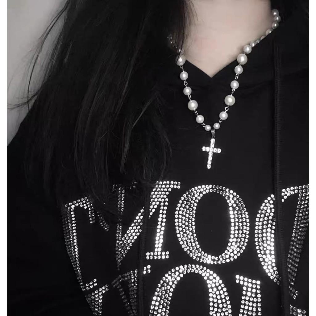 Vòng cổ choker xâu hạt hình chữ thập phong cách Hàn quốc