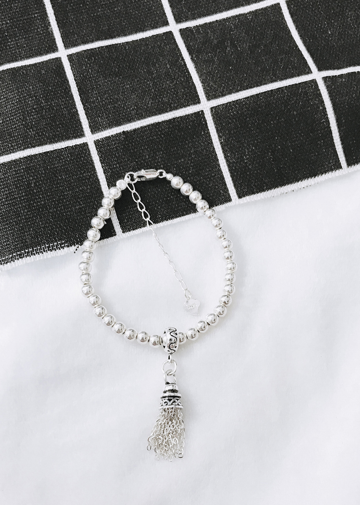 Lắc bi bạc 3mm charm chuông tua bạc -  Ngọc Quý Gemstones