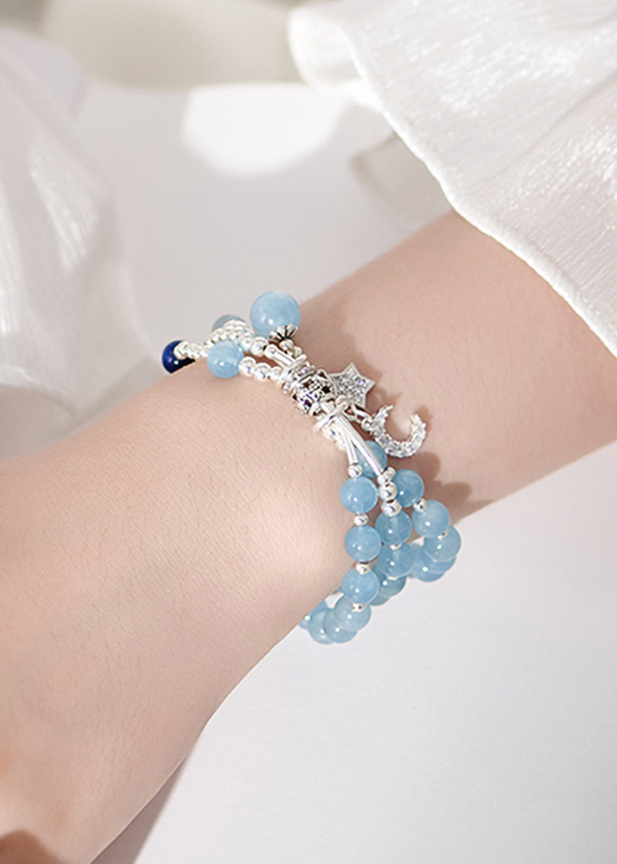 Vòng tay 3 line đá aqumarine charm bạc mệnh thủy, mộc - Ngọc Quý Gemstones