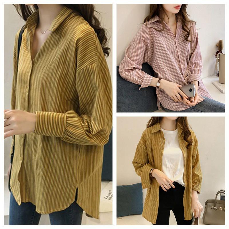 Áo sơ mi tay dài cổ bẻ dáng rộng họa tiết kẻ sọc size lớn trẻ trung thời trang