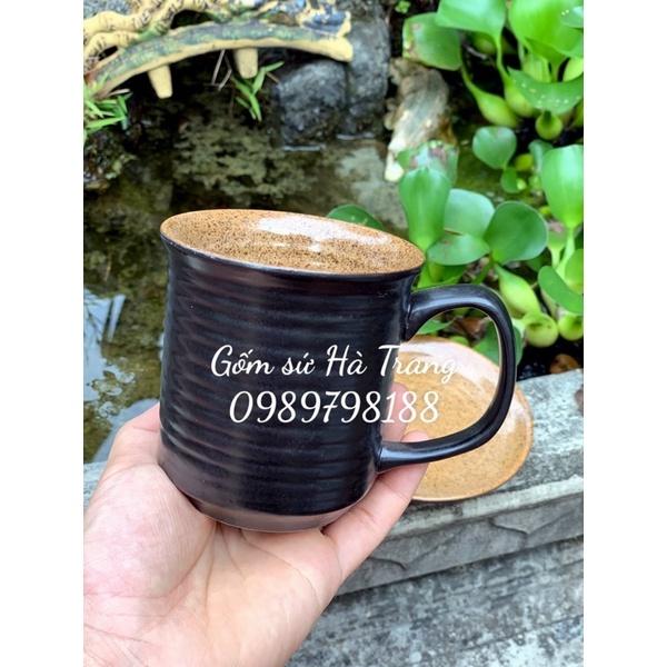 set cốc đĩa thìa gốm sứ Bát Tràng cao cấp men đen lòng nâu gốm hạt tiêu có nắp có thìa như hình