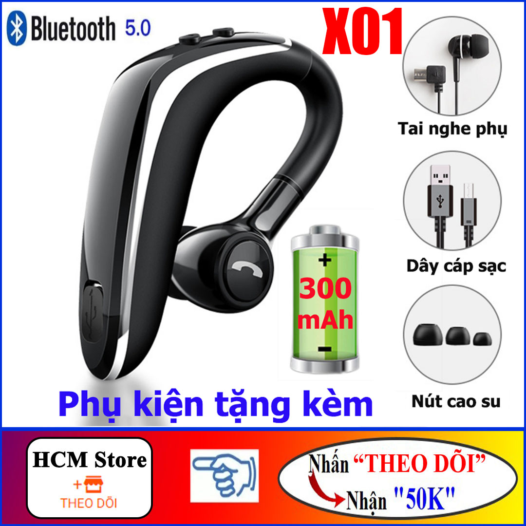 Tai Nghe Bluetooth V5.0 Siêu Bass X01, Tai Nghe Móc Tai Pin 300mAh - Tặng Tai Nghe Phụ