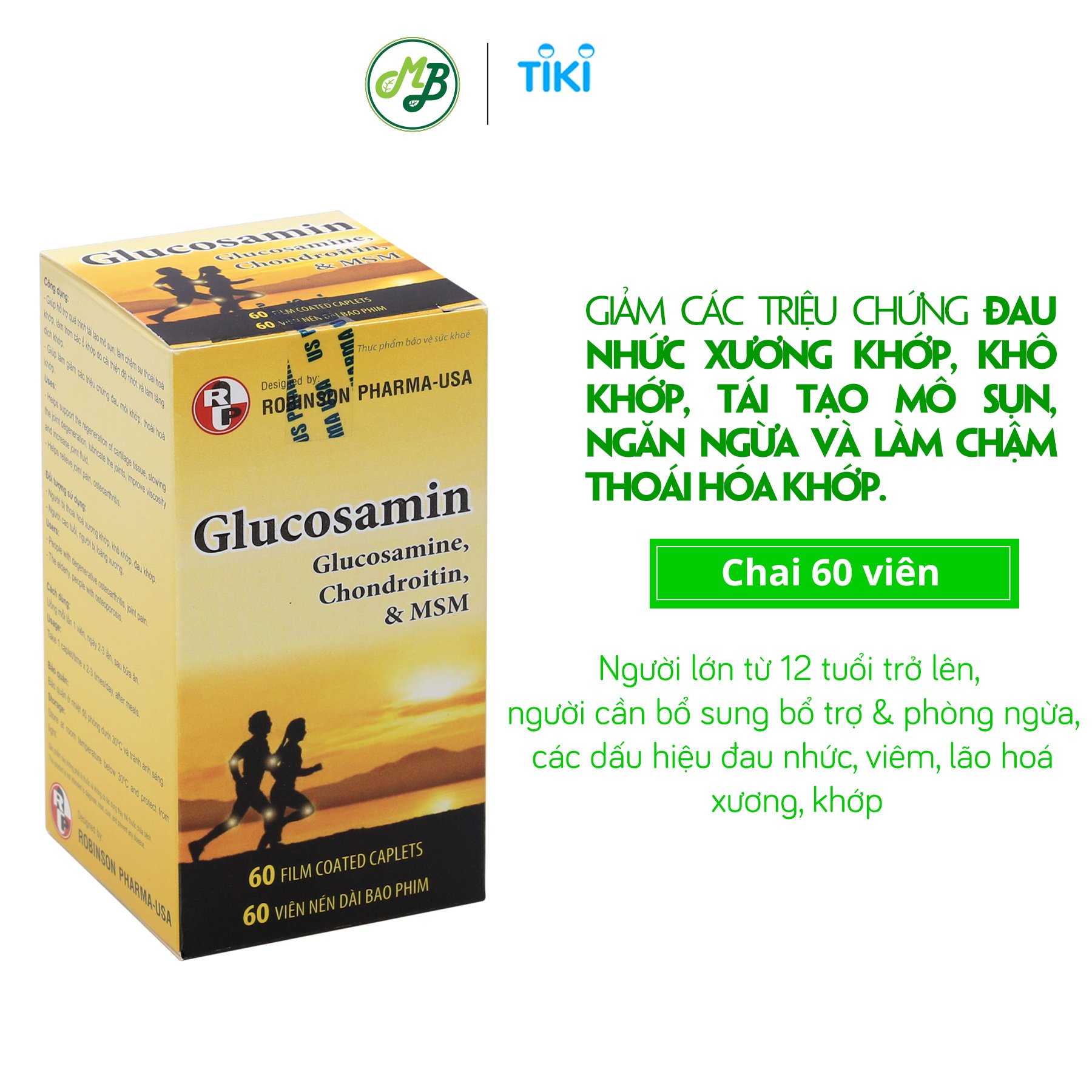 Viên uống TPCN GLUCOSAMIN giúp ngăn ngừa và hạn chế viêm khớp,bôi trơn các khớp xương,hỗ trợ làm giảm triệu chứng khô khớp,thoái hóa khớp-chai 60 viên