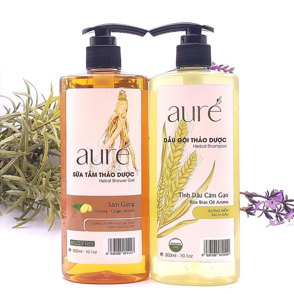 [COMBO SIÊU SỐC] AURÉ, Dầu gội thảo dược, Tinh dầu CÁM GẠO &amp; Sữa tắm thảo dược Nhiệt, NHÂN SÂM GỪNG, Chai 300ml