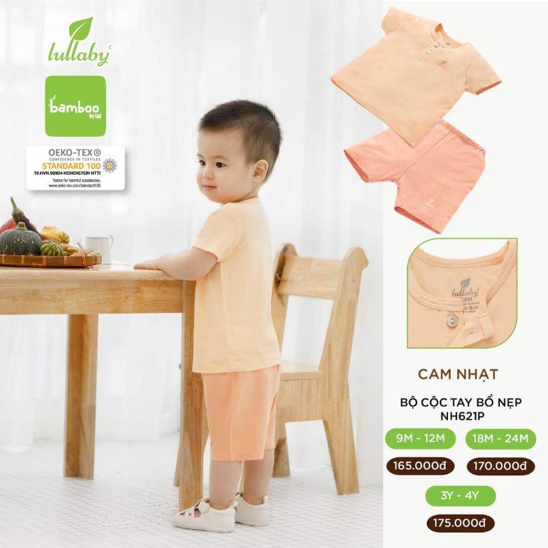 Bộ cộc tay sợi tre Lullaby NH621P, áo bổ nẹp, quần đùi bé trai, bé gái siêu mát và mềm mịn