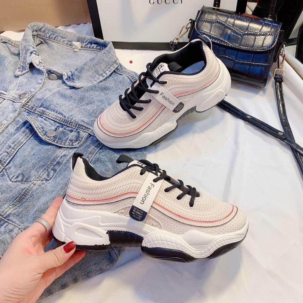 Giày Sneakers Nữ, Giày Thể Thao Nữ Đế Độn 3cm Lượn Sóng Màu Kem Cá Tính Hot Trend