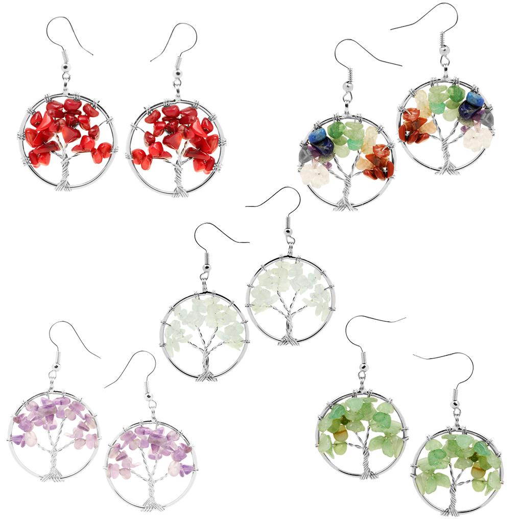 1 Pair Gemstone Chakra Reiki Healing Tree of Life Copper Metal Hook Earrings