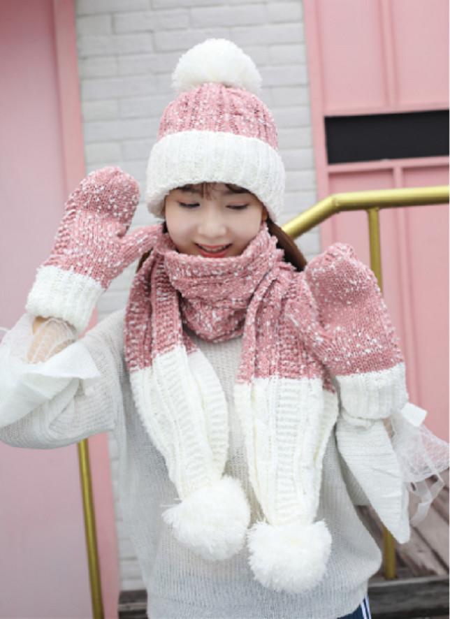 Bộ mũ len nữ cao cấp kèm khăn+ găng tay phong cách Hàn
