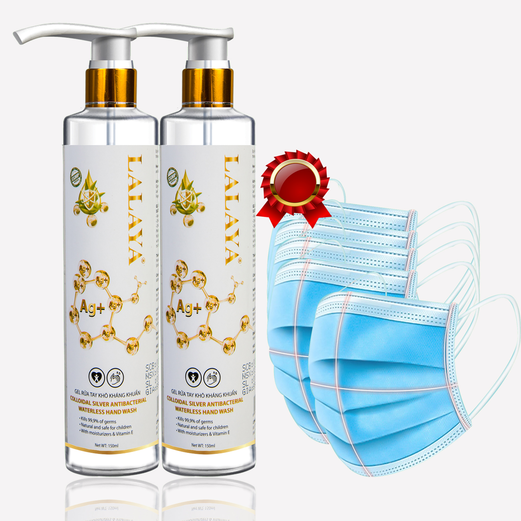 Bộ 2 chai gel rửa tay kháng khuẩn nano bạc LALAYA tặng kèm 5 khẩu trang y tế cao cấp kháng khuẩn(màu ngẫu nhiên xanh/xám)