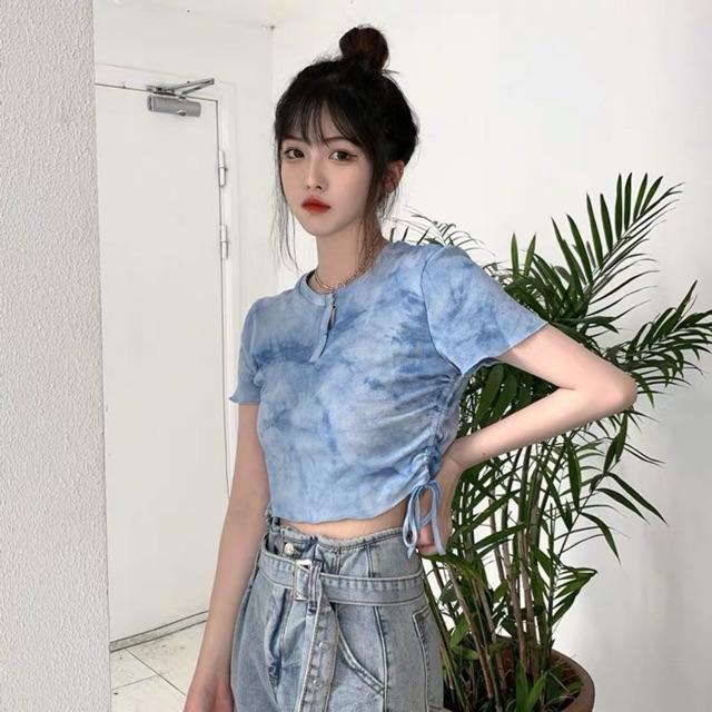 Áo croptop thun gân dây rút màu tie dye cá tính