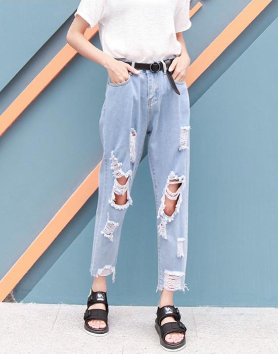 Quần jeans lửng rách gối unisex Mã: ND1590