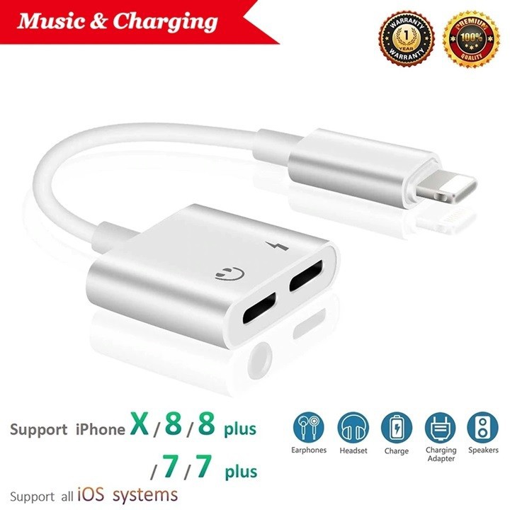 Cáp Chuyển Đổi 2 Trong 1 Vừa Sạc Vừa Cắm Tai Nghe Chuyển 2 Cổng Lightning Cho iPhone