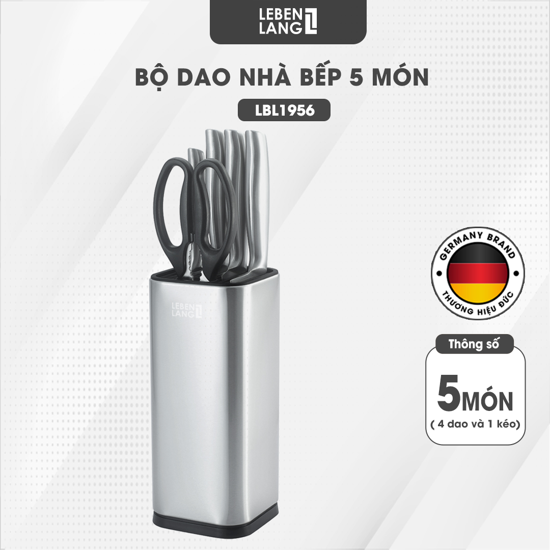 Bộ dao kéo 5 món Lebenlang LBL1956 gồm 4 dao và kéo, chất liệu thép không gỉ, tay cầm chống trơn trượt - hàng chính hãng