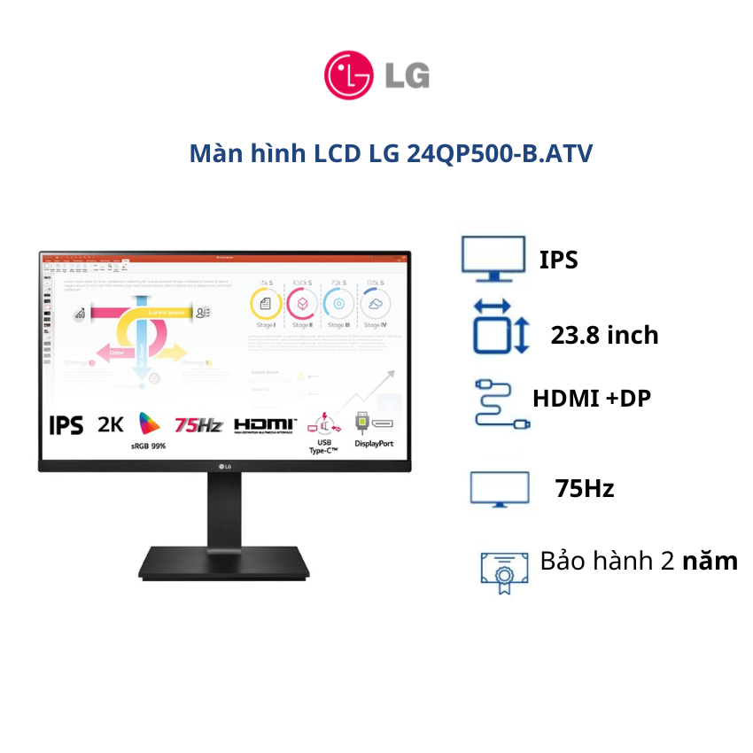 Màn hình LCD LG 23.8 inch 24QP500-B.ATV (QHD| IPS| 75Hz| HDMI+DP)- BH chính hãng 24 tháng/ Hàng chính hãng