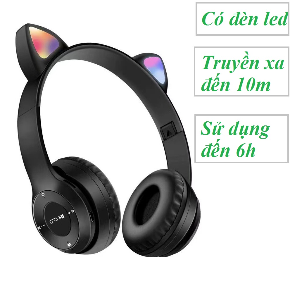 Tai Nghe Mèo Bluetooth, Có Đèn LED Headphone - Tai Mèo  Không Dây Dễ Thương Có Mic Hỗ Trợ Điều Chỉnh Âm Lượng