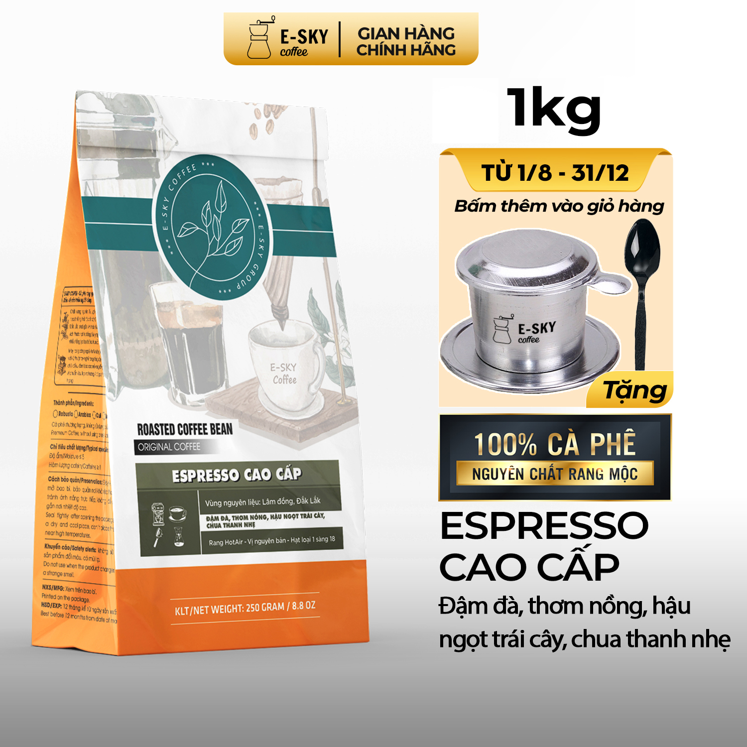 Cà Phê Rang Xay Nguyên Chất Espresso E-SKY Coffee Cafe Pha Máy 1kg-2kg