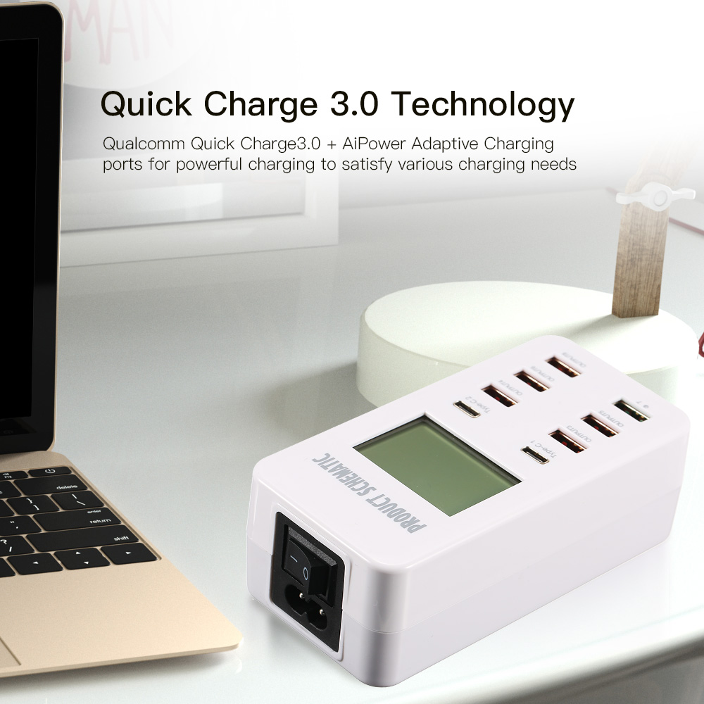 Bộ Sạc Nhanh 3.0 8a USB 6 Cổng Để Bàn Với 2 Cổng Loại C Màn Hình LCD