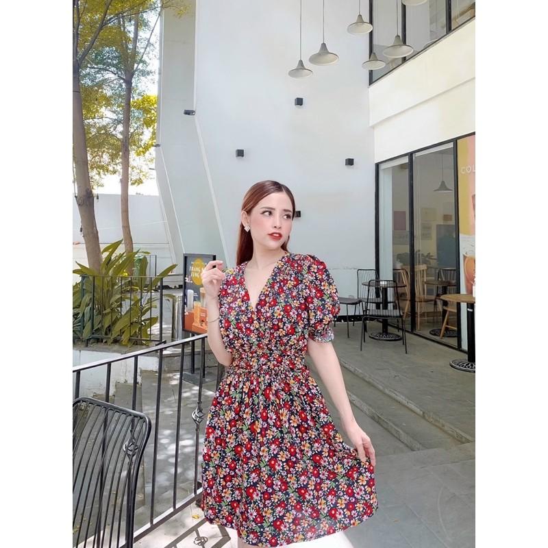 Váy Nữ Đầm Tay Ngắn Cổ Tim Họa Tiết Hoa Cúc Thời Trang