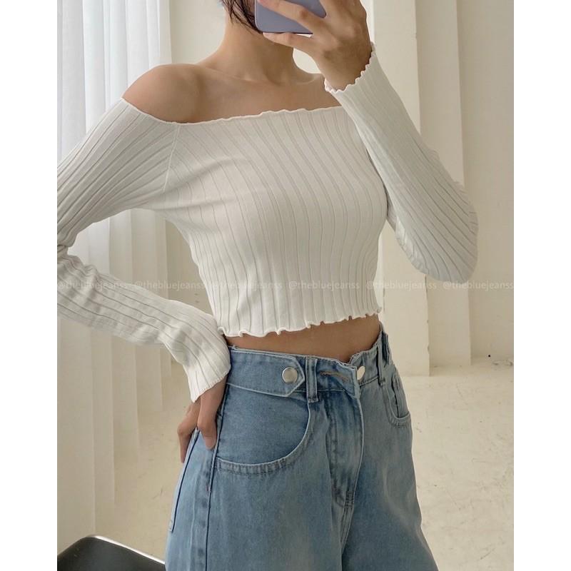Áo Crop Top Tay Dài Trễ Vai Cuốn Hút, Nữ Tính