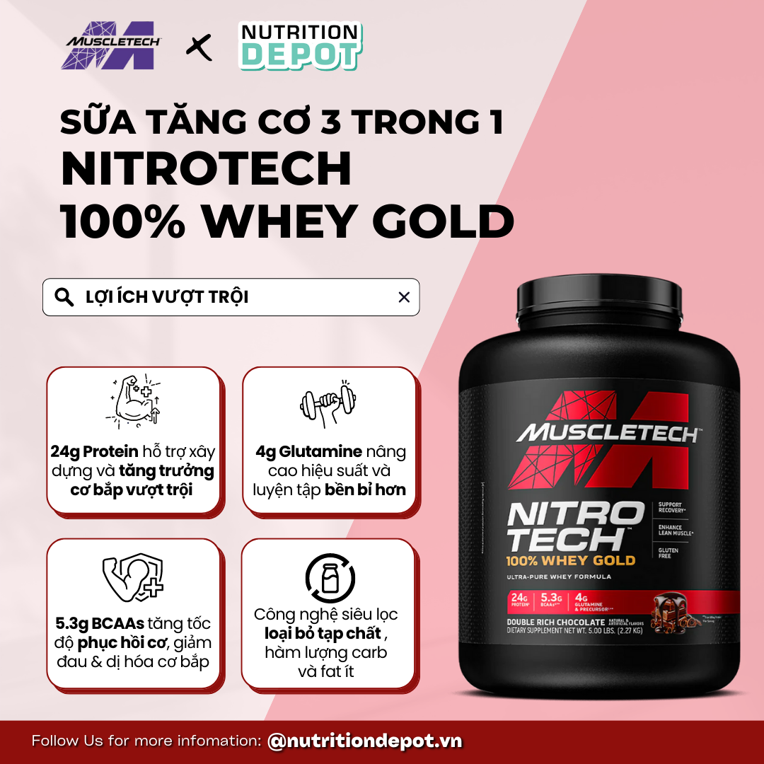 Sữa tăng cơ Nitrotech Whey Gold Muscletech 5lbs 69 lần dùng, Tăng cơ và phục hồi cơ nhanh chóng