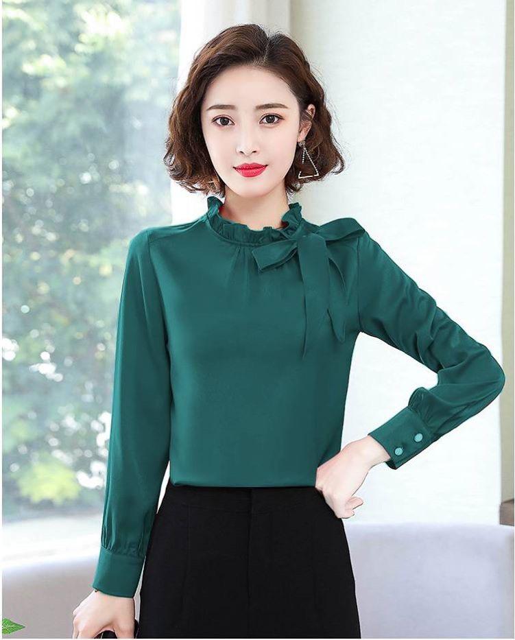 Áo Tay Dài Cổ Nhún Đính Nơ 3 Màu
