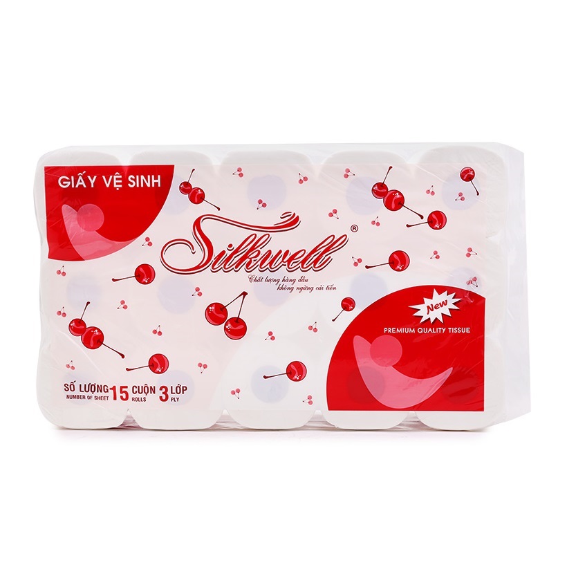 Giấy vệ sinh Silkwell Cherry 15 cuộn 3 lớp có lõi cao cấp, giấy vệ sinh siêu mềm mịn không tẩy trắng hàng chính hãng