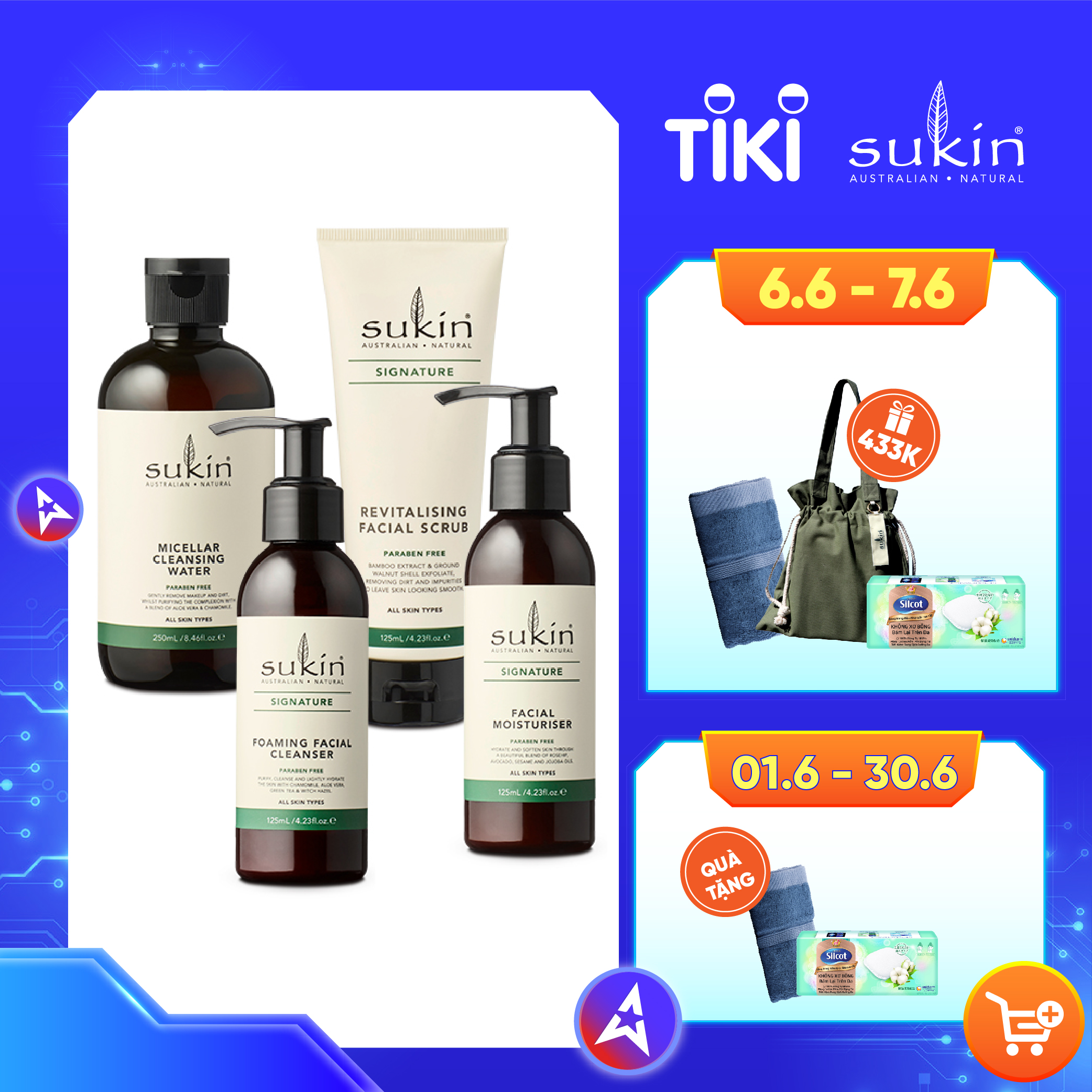 Bộ Dưỡng Da Toàn Diện Sukin Signature 1 Nước Tẩy Trang Micellar Water 250ML &amp; 1 Sữa Rửa Mặt Tạo Bọt Foaming Cleanser 125ML &amp; 1 Kem Tẩy Tế Bào Chết Facial Scrub 125ML &amp; 1 Kem Dưỡng Ẩm Facial Moisturiser 125ML