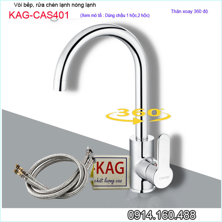 Vòi bếp nóng lạnh KAG-CAS401 thân tròn cao cấp, Vòi chậu rửa chén bát cần cong xoay 180 độ chất lượng tốt sử dụng siêu bền