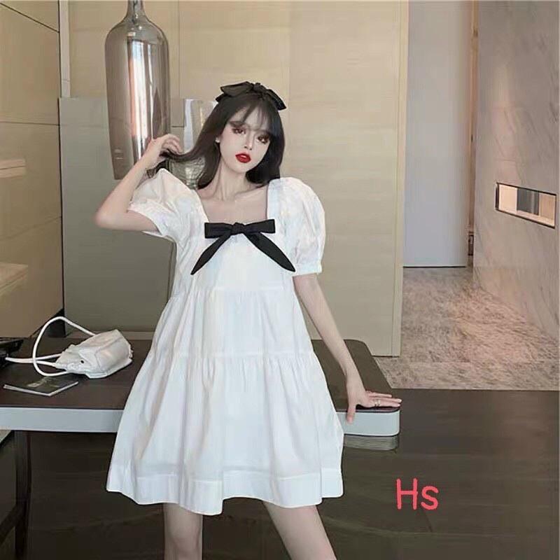Đầm váy trắng dáng xòe cổ vuông thắt nơ siêu dễ thương, thời trang nữ dạo phố, dự tiệc