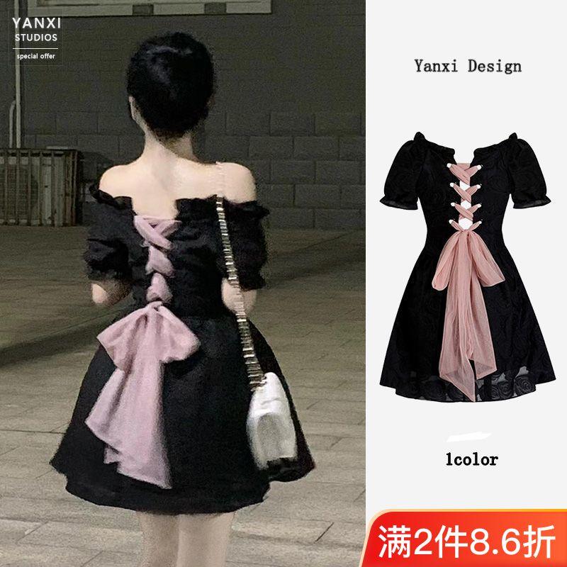 TOBE1SHOP Pháp vuông cổ ren-up lớn bowknot váy thắt lưng hiển thị gầy một chữ công chúa váy ngắn bong bóng tay áo mùa hè nhỏ