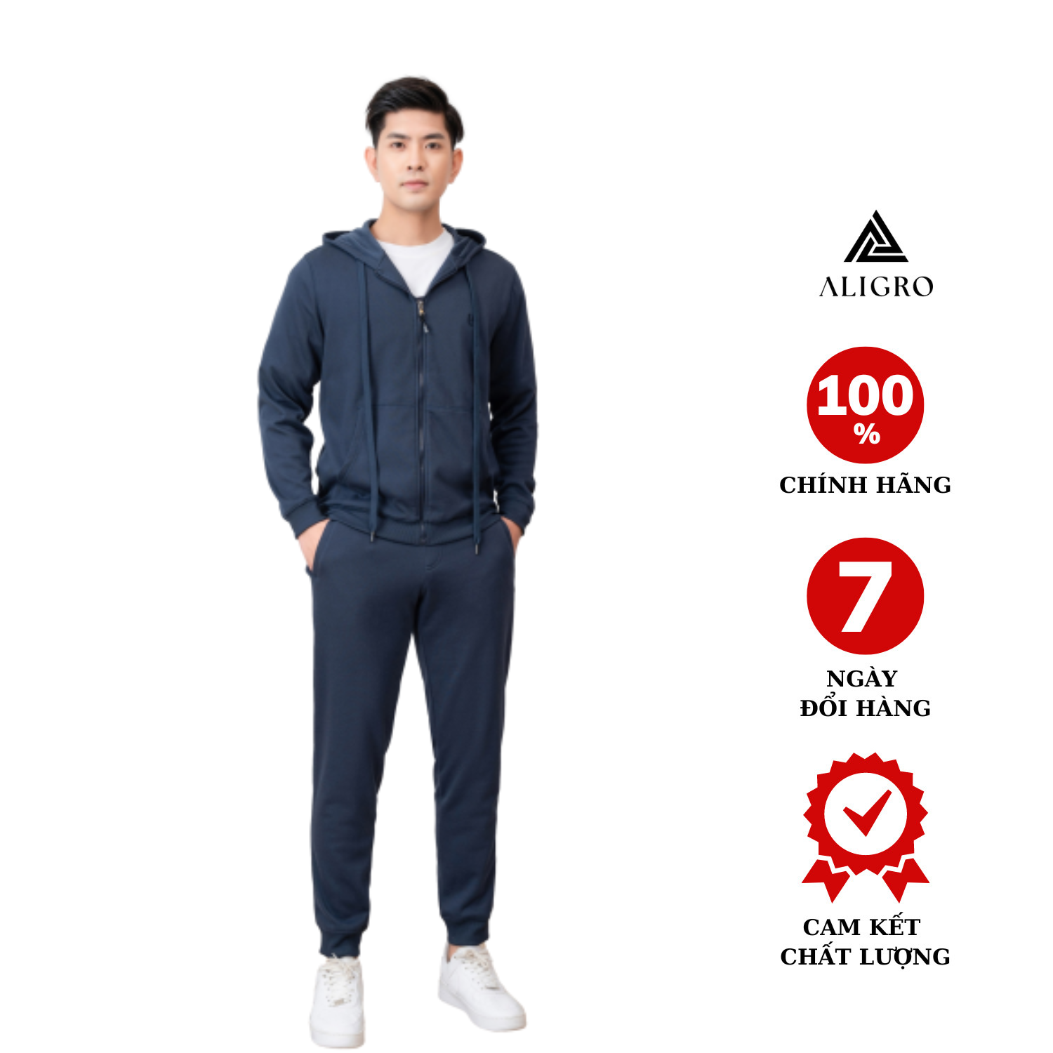 Bộ nỉ hoddie có mũ nam dài tay ALIGRO chất liệu nỉ 100% cotton màu navy ALGBN.15