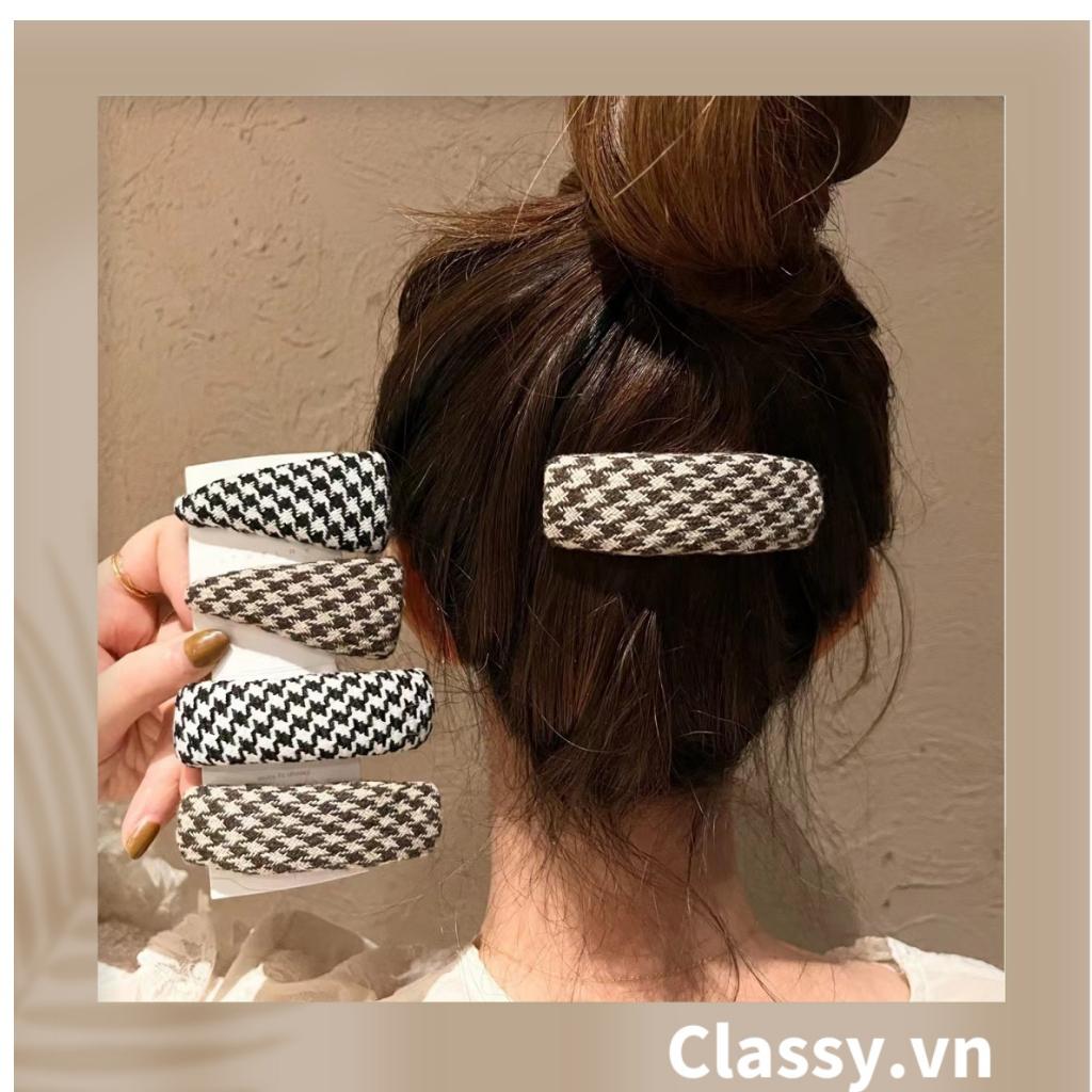 BST Kẹp tóc Classy dạng clip họa tiết kẻ sọc trắng đen caro hot hit bản lớn bọc vải chanh sả sả chanh PK945