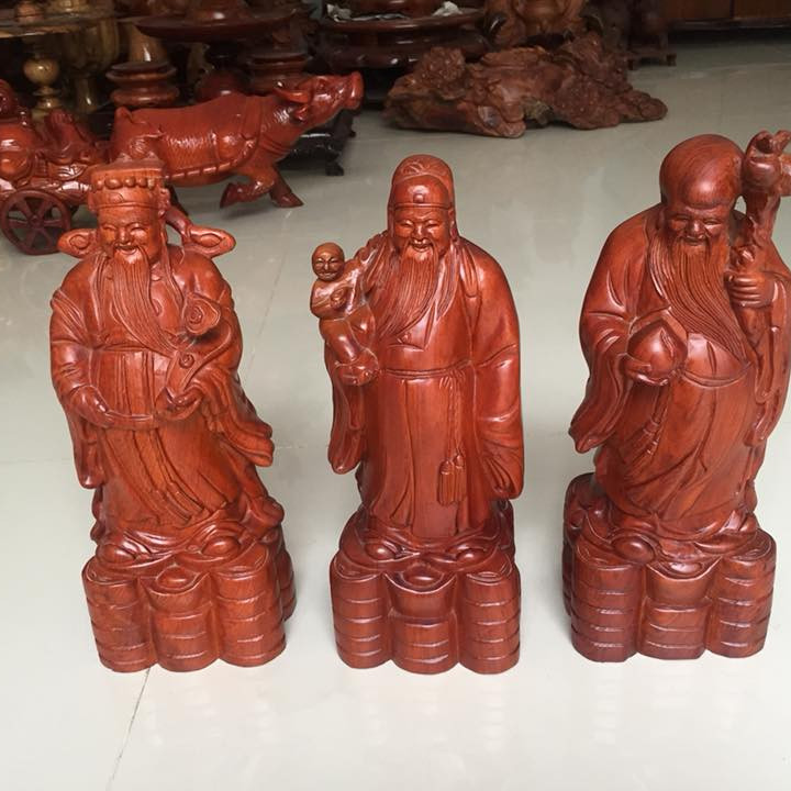 Bộ ba tượng phước lộc thọ, gỗ hương ta việt nam, cao 30cm