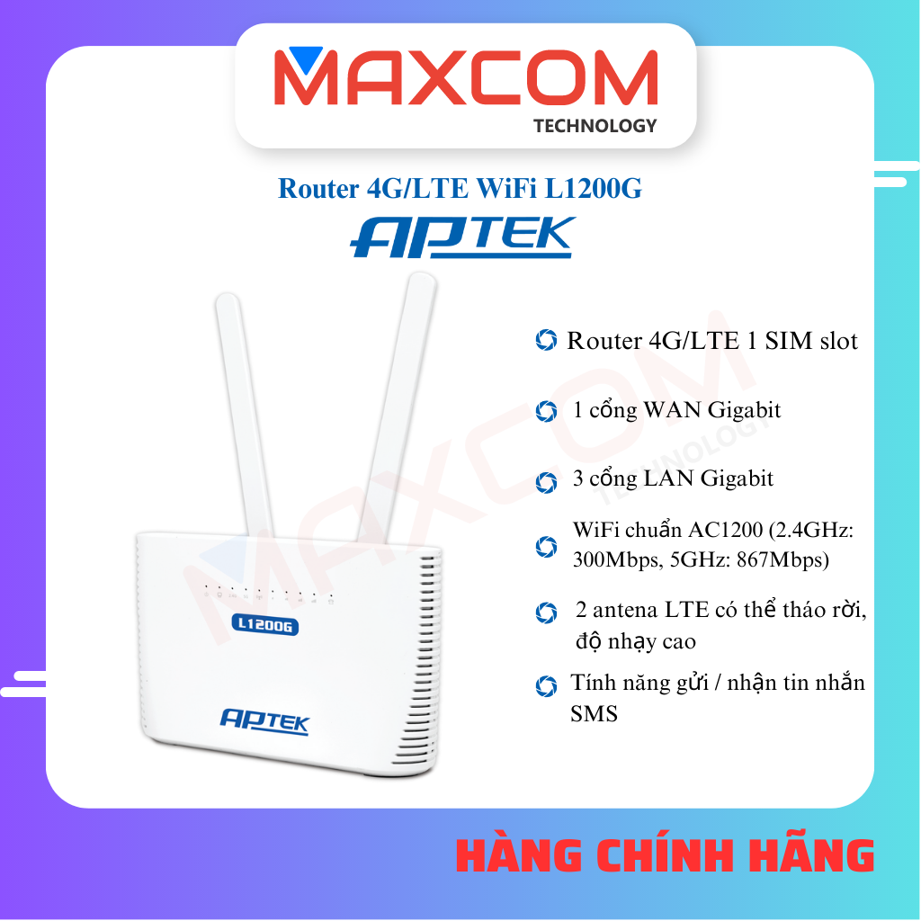 Router 4G/LTE Wifi APTEK L1200G chuẩn AC1200 - Hàng chính hãng