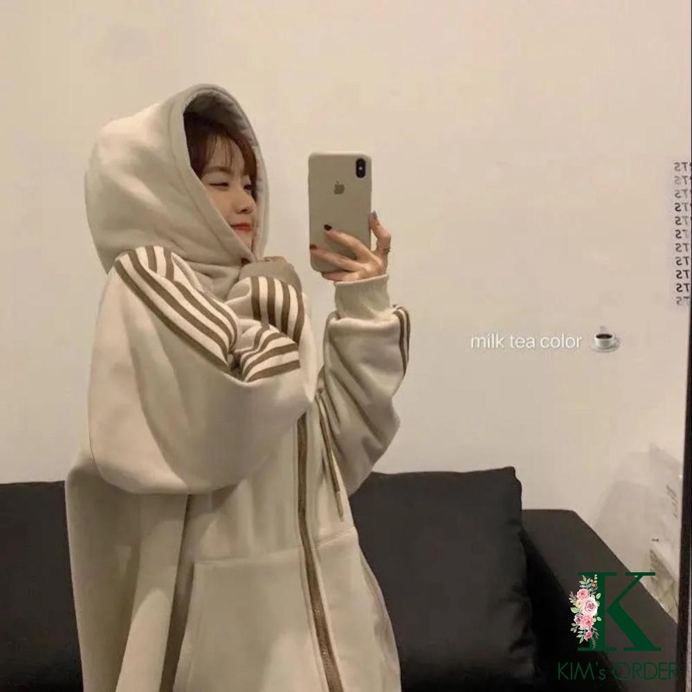 Áo khoác nỉ Hoodie nam nữ màu be hồng xanh xám dài tay có mũ kéo khoá phom rộng kiểu dáng sọc thể thao Ulzzang năng động