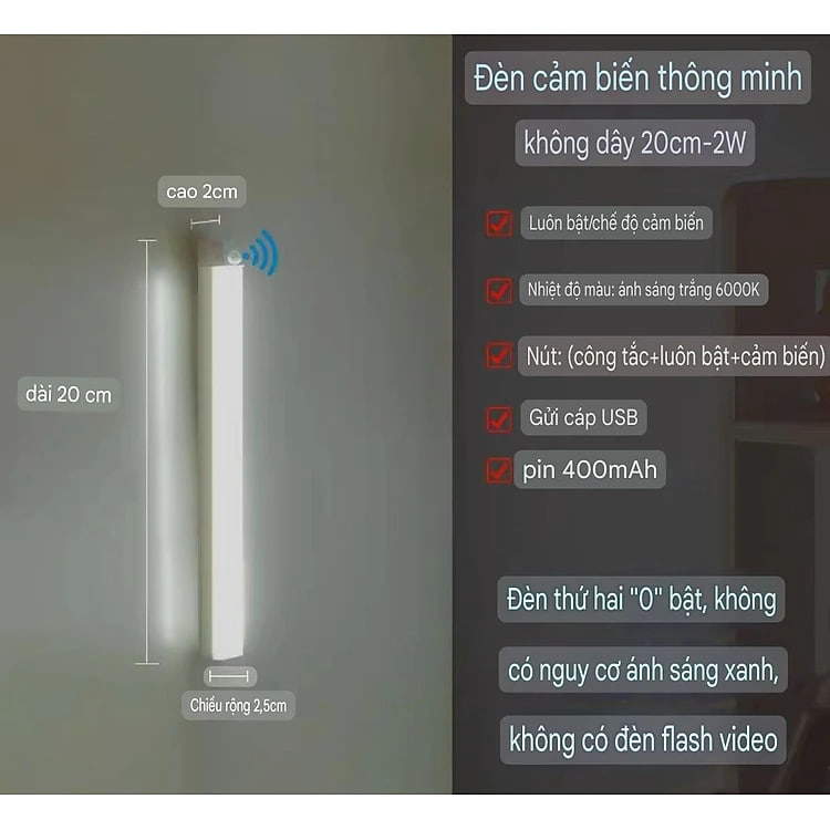 ĐÈN LED CẢM BIẾN THÔNG MINH KHÔNG DÂY 20CM - 2W GẮN TƯỜNG NGĂN TỦ BÀN ĐỌC SÁCH LỐI ĐI ĐÊM CHO NGƯỜI GIÀ NGƯỜI YẾU ĐÈN LED GẮN TƯỜNG CẢM BIẾN THÔNG MINH ĐA CHỨC NĂNG