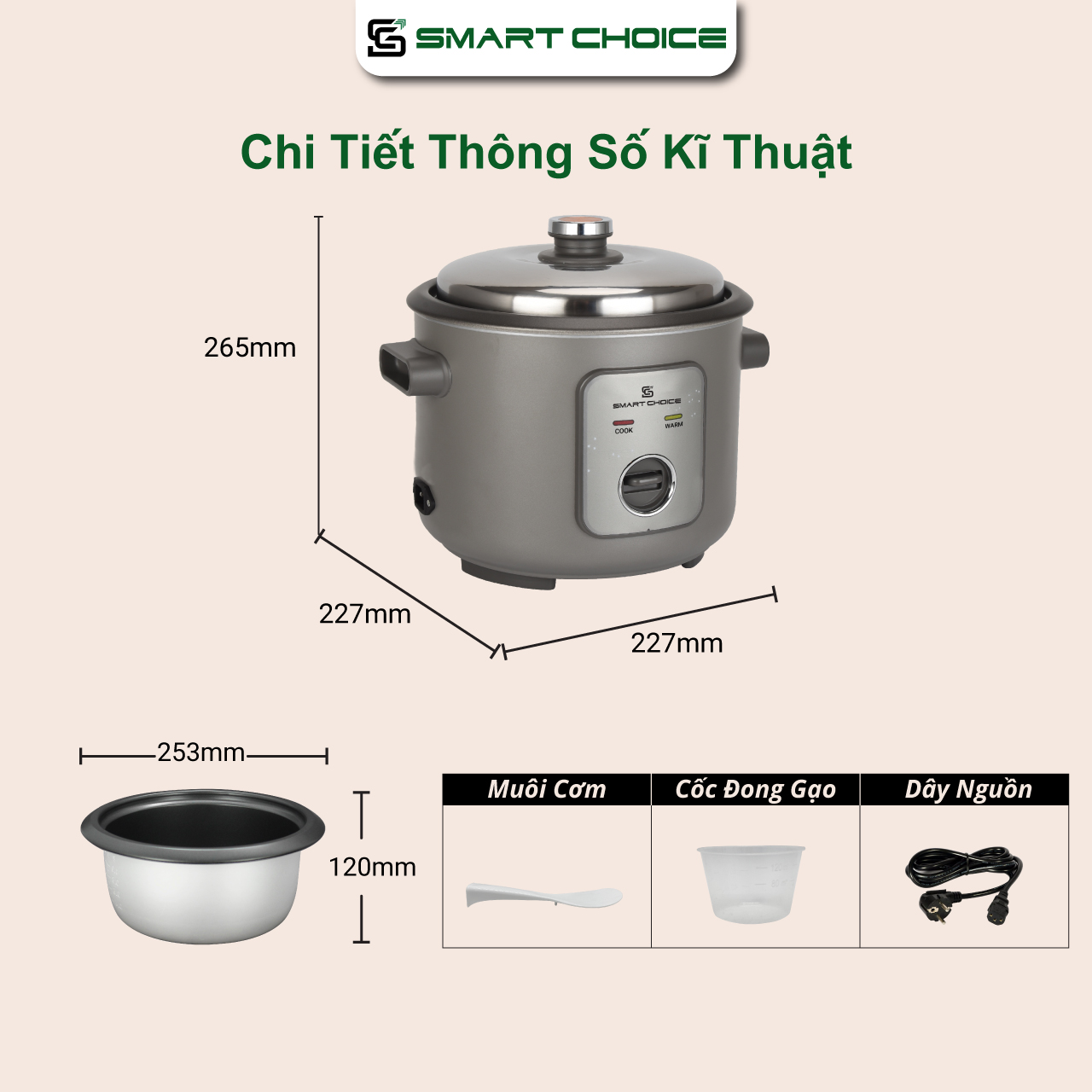 Nồi Cơm Điện Cơ SMARTCHOICE SCG-RC7001, Nồi Cơm Điện Nắp Rời Dung Tích 1.8L Công Suất 700W Phù Hợp Với Mọi Gia Đình Hàng Chính Hãng