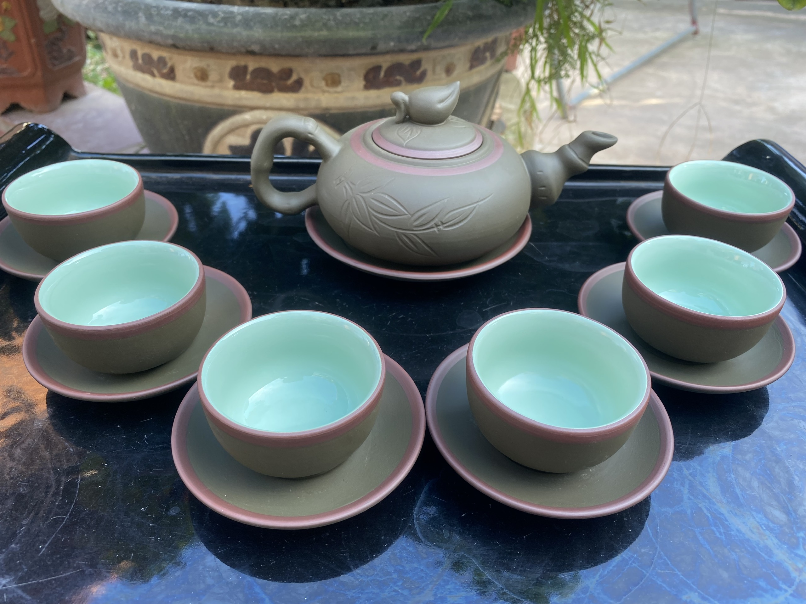 Bộ ấm trà tử sa trúc đào S1 xanh chỉ lòng xanh