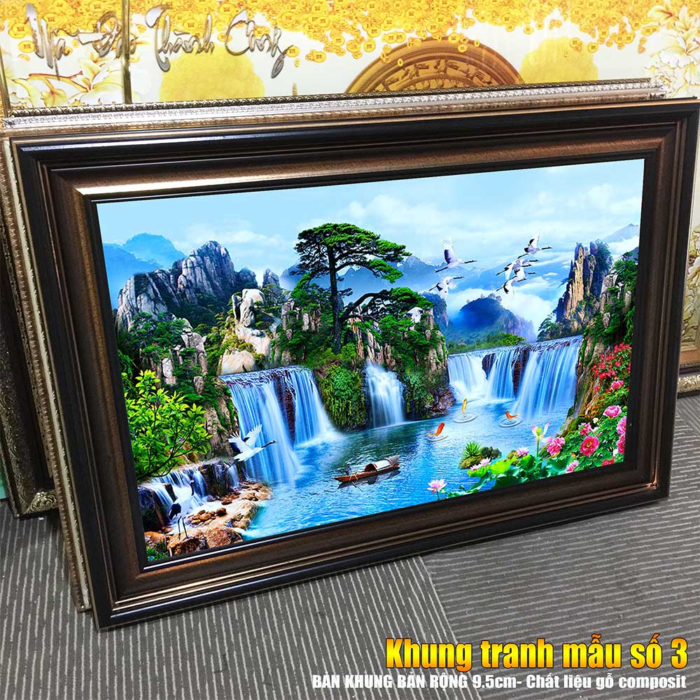 Tranh treo tường phòng khách, phòng ngủ SƠN THỦY HỮU TÌNH khung gỗ composit chất liệu pvc gương / lụa kim sa. MS:1714L9