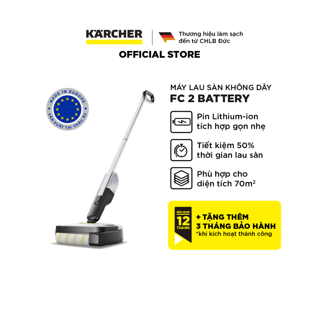 Máy lau sàn không dây Karcher FC 2 Battery - Hỗ trợ vệ sinh các bề mặt trên sàn với diện tích lên đến 70m2- Hàng Chính Hãng